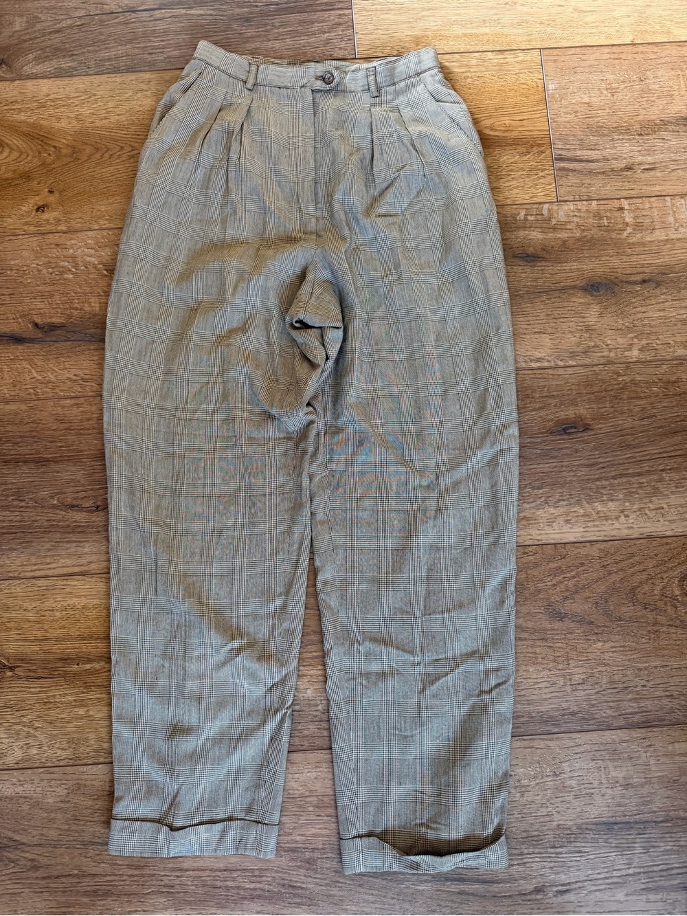 Vintage Lauren Ralph Lauren Women's Plaid High-Rise Trousers Brown Windowpane 6